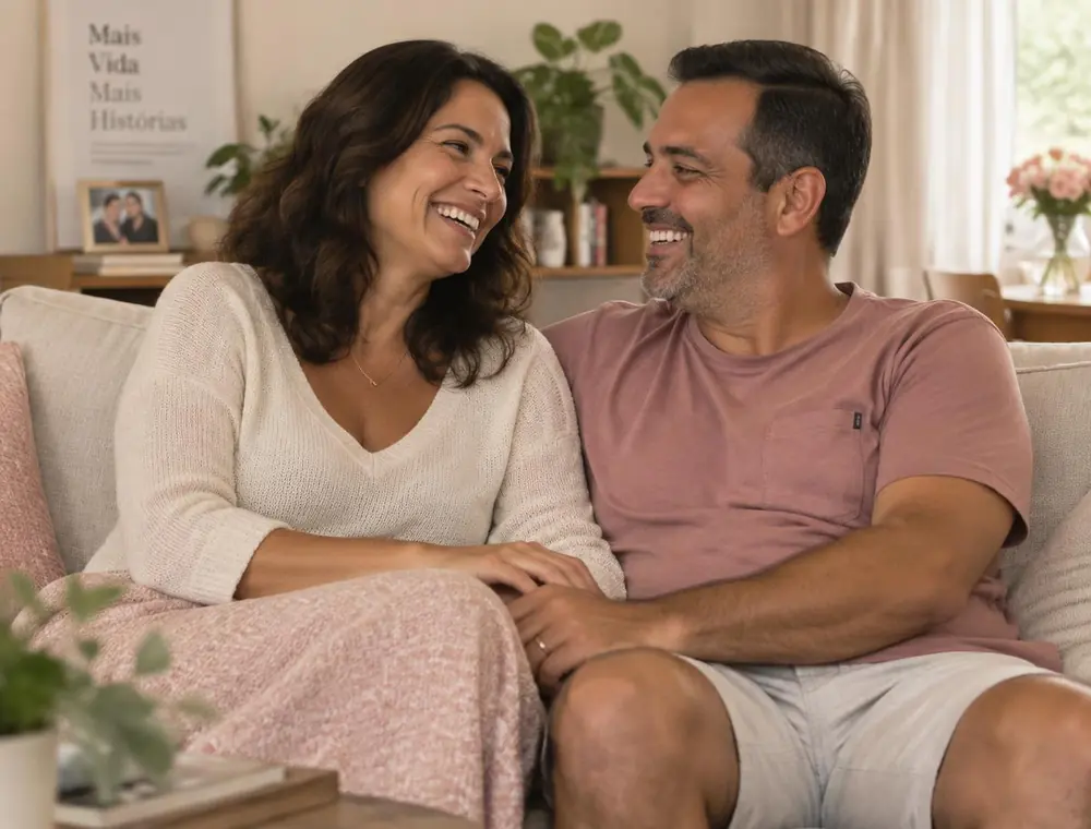 Casal de 45 anos rindo junto em casa